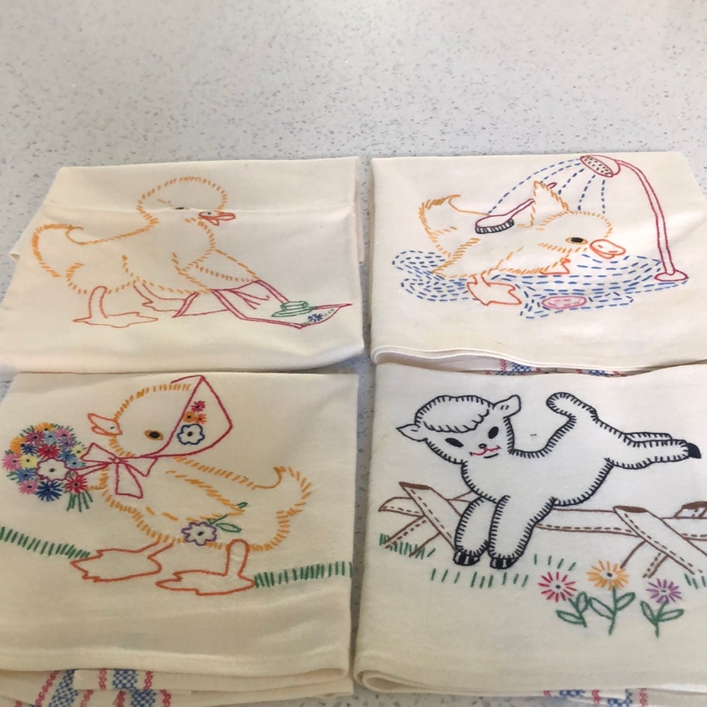 4 vintage hand embroidered canon linen tea towels with baby ducks and baby lamb